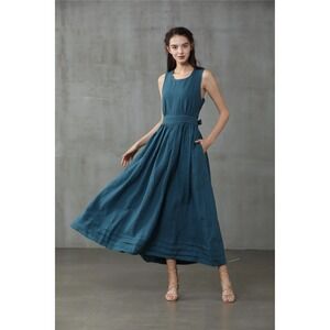 LINENNAIVE Vetiver 17 Cross Back Linen Pinafore Maxi Dress Steelblue XS Cottage